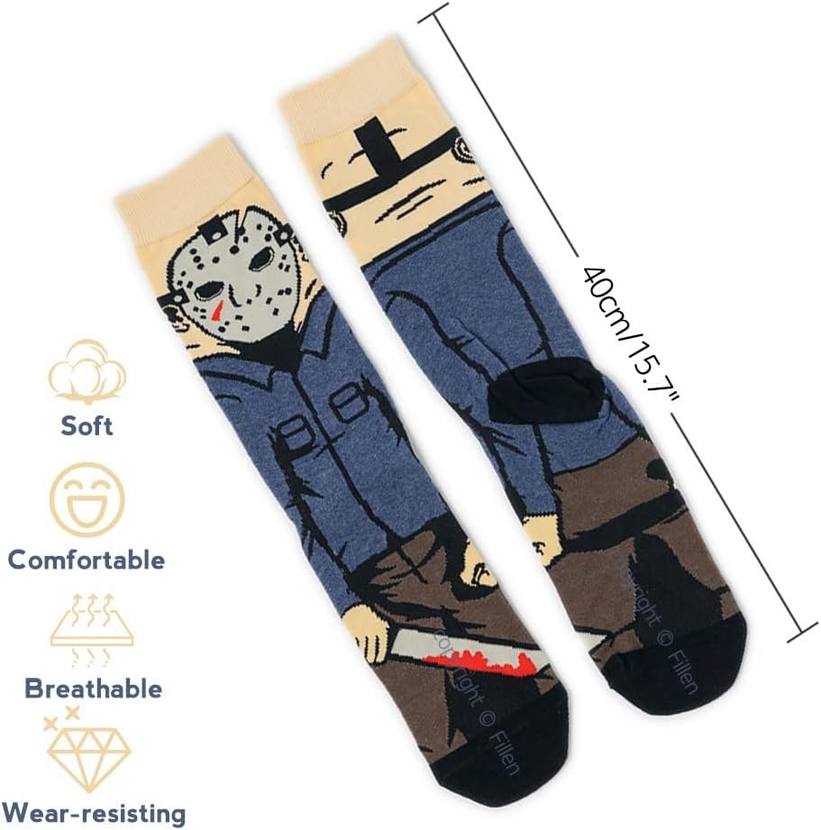 Fillen 5 Pairs Classic Horror Movie Character Cartoon Socks Funny Novelty Scary Design Cotton Socks for Women Men Teen