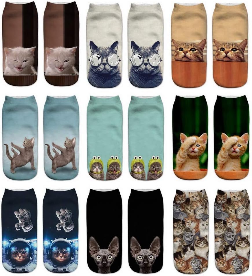 9 Pack Novelty Cute Cat Animal Graphic Photo 3D Print Funny Ankle Socks Review