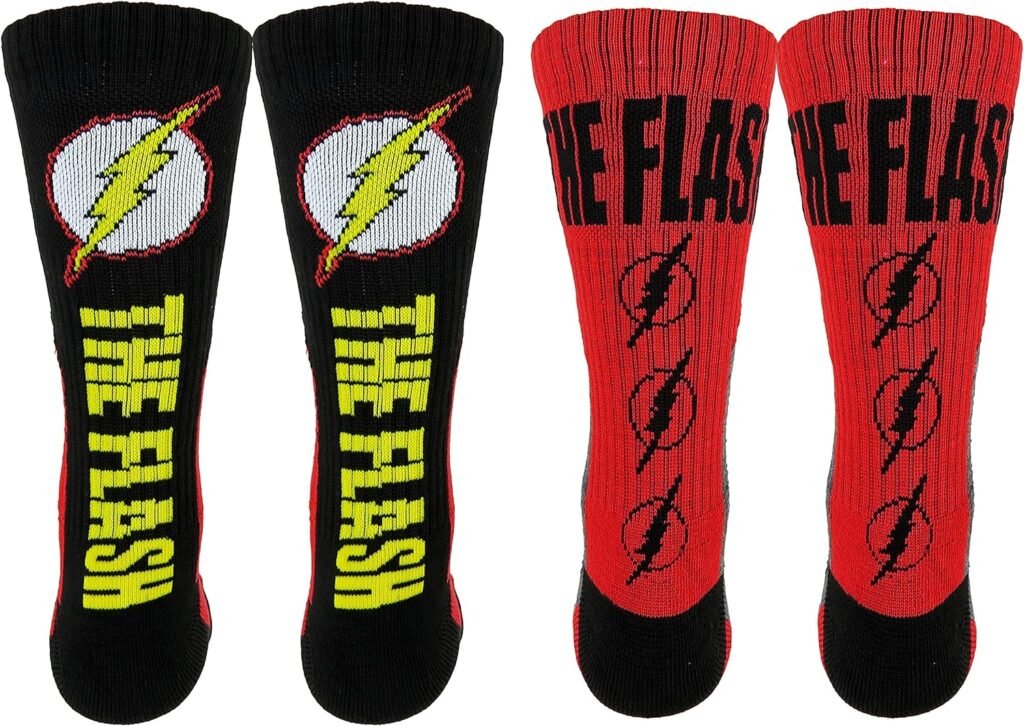 DC Comics Flash Athletic Crew Socks 2 Pair Pack (One Size, Red/Black/Yellow)