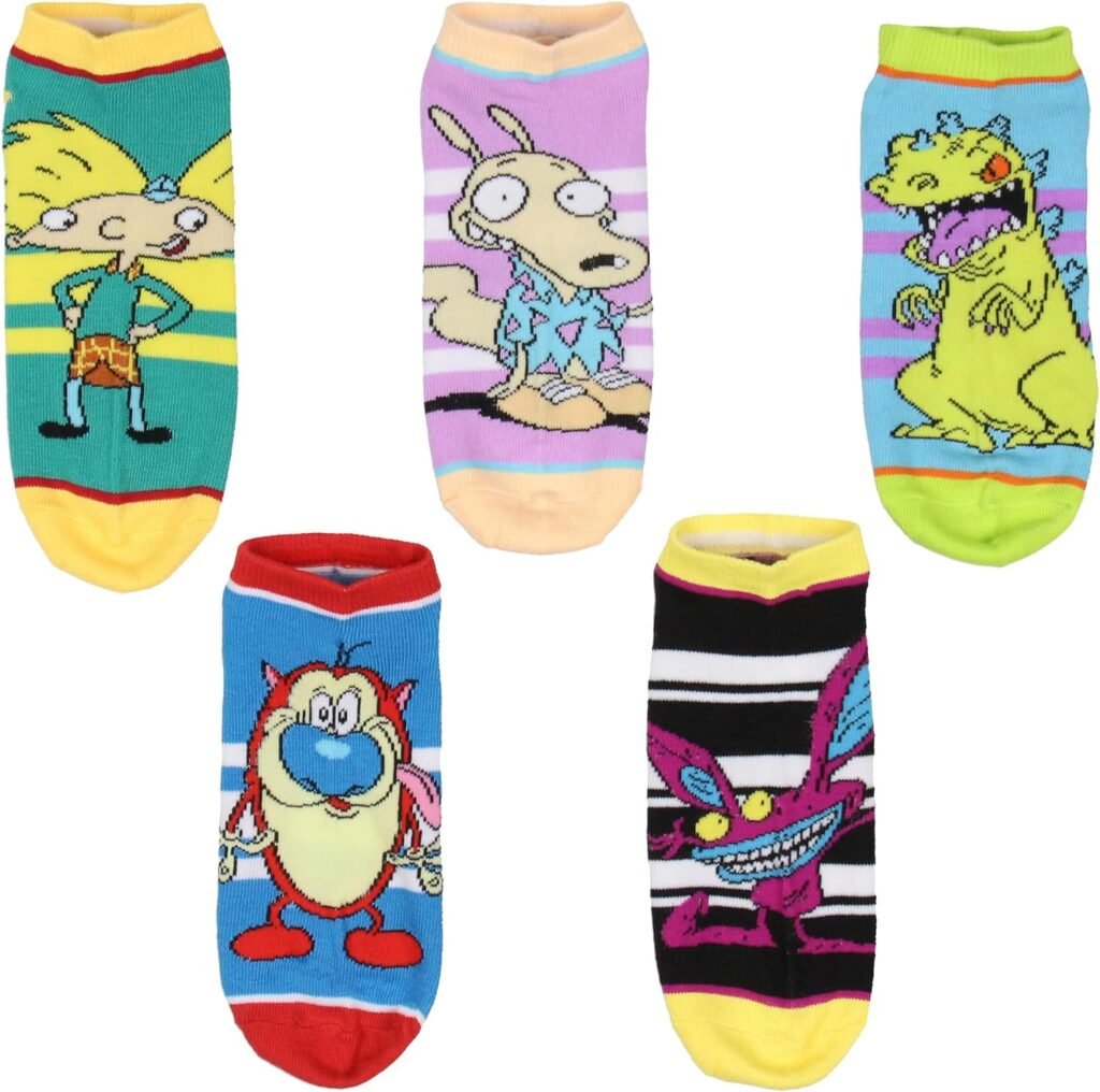 Nickelodeon 90s Cartoons Raptor and Stimpy Striped Mix and Match 5 Pack Adult One Size Ankle Socks