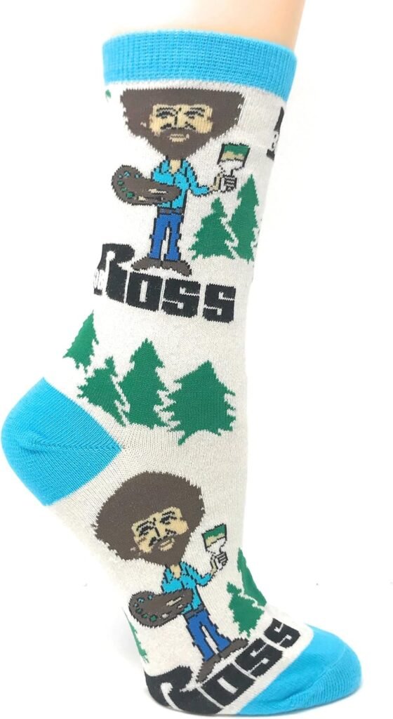 ooohyeah Womens Novelty Funny Bob Ross Crew Socks, Holiday Crazy Fun Dress Socks, Fits Shoe Size 5-10