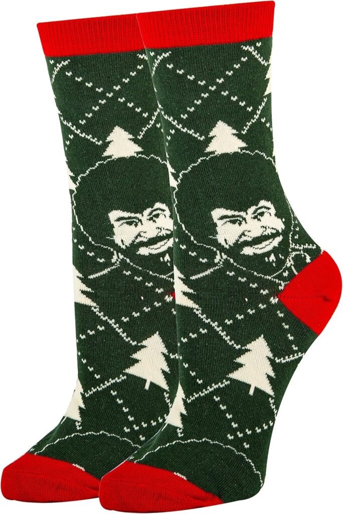 ooohyeah Womens Novelty Funny Bob Ross Crew Socks, Holiday Crazy Fun Dress Socks, Fits Shoe Size 5-10