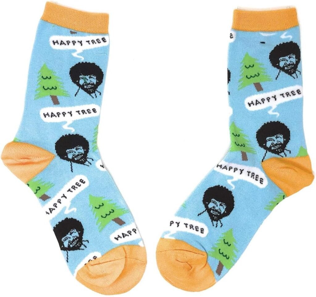 ooohyeah Womens Novelty Funny Bob Ross Crew Socks, Holiday Crazy Fun Dress Socks, Fits Shoe Size 5-10