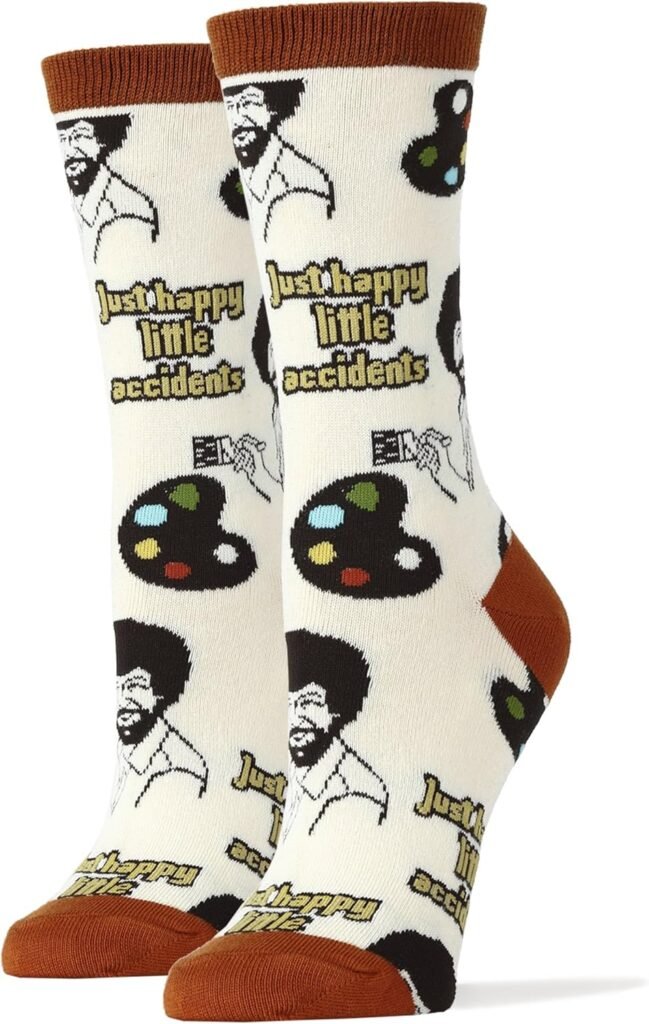 ooohyeah Womens Novelty Funny Bob Ross Crew Socks, Holiday Crazy Fun Dress Socks, Fits Shoe Size 5-10